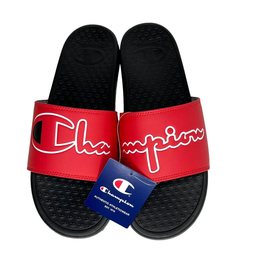 Champion Men's Slide Pool Sandals Size 12 Red-Black Lightweight Comfort Lounging